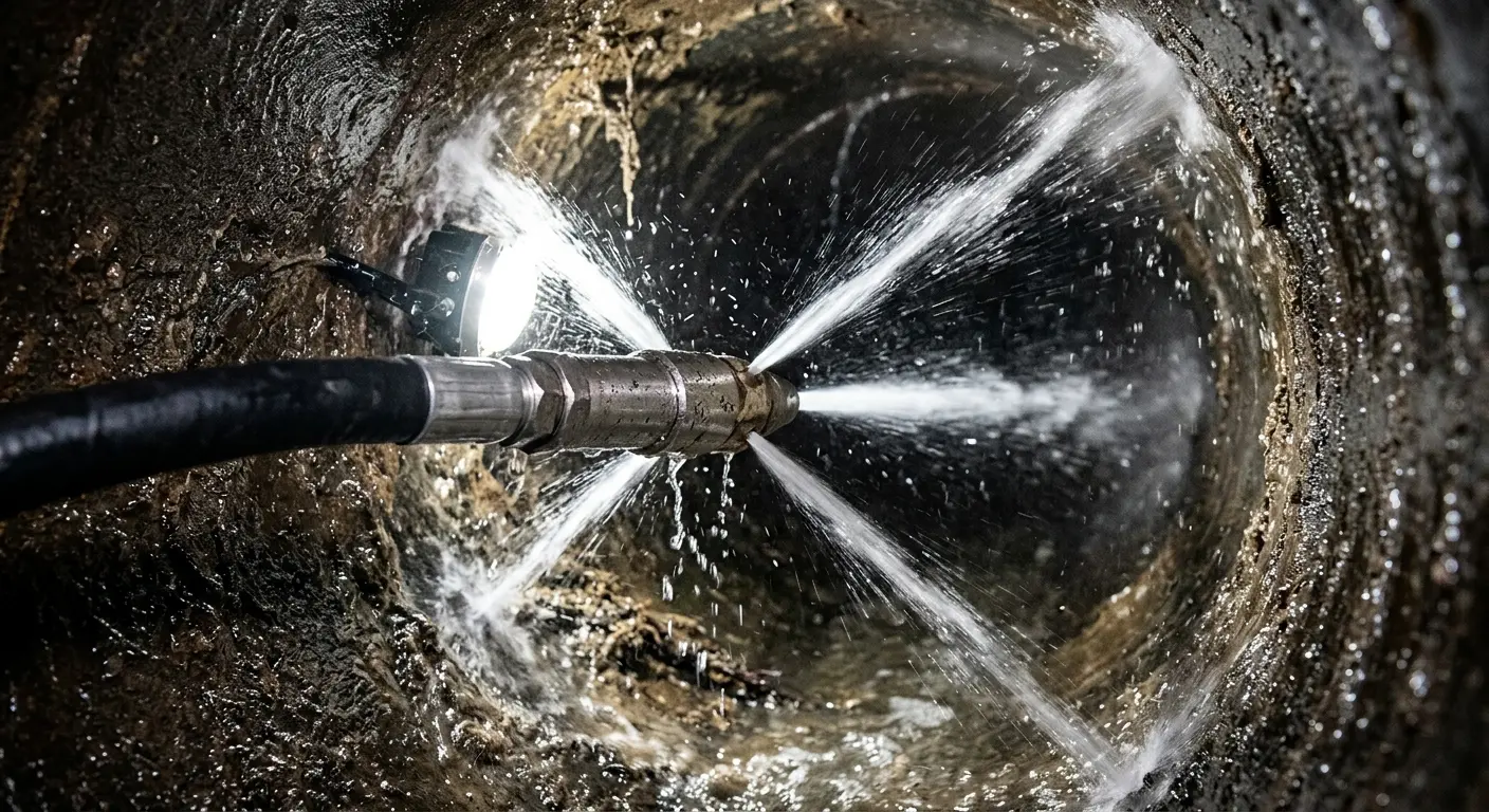 High-pressure hydro jetting nozzle cleaning sewer pipe for Trenchless Sewer Repair in Maple Heights
