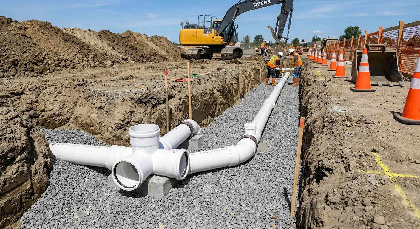 New PVC sewer pipe installation in open trench for Commercial Drain Cleaning in Maple Heights