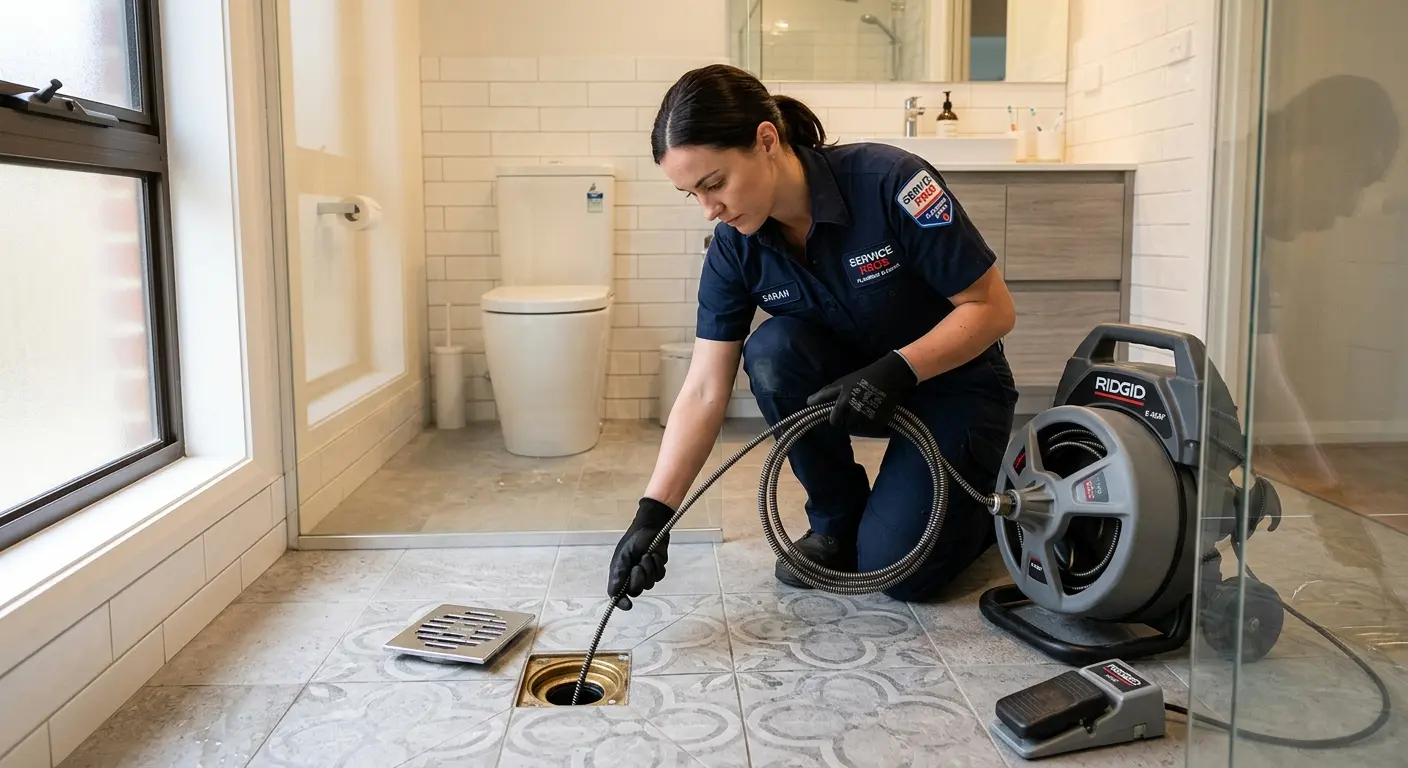 Technician clearing a bathroom floor drain for Drain Cleaning in Maple Heights
